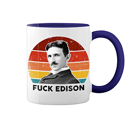 retro Fuck Edison Tesla Lover Blanc tasse de café avec le bleu et poignée Rim Mug