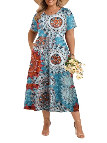 Image of LARACE Plus Size Dresses for Women Summer Casual Short Sleeve Long Dress Flowy Maxi Beach Dresses with Pockets L-6XL