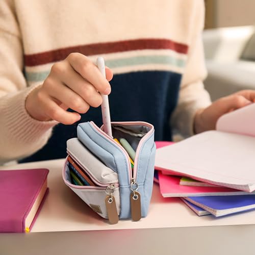 Image of Large Pencil Case, Pencil Pouch with Zipper Compartments, Aesthetic Pencil Case for Adults, Stationery Pouch Pen Case for Office (Blue&Beige)