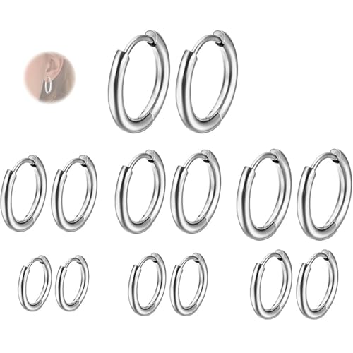 AzureRay 7 Pares de Pendientes Acero Inoxidable Mujer/Hombre - Aros Pequeños de Acero Quirúrgico - Pendientes Aro Plata Mujer y Pendientes Aro Hombre 8-20mm (Color Acero)​