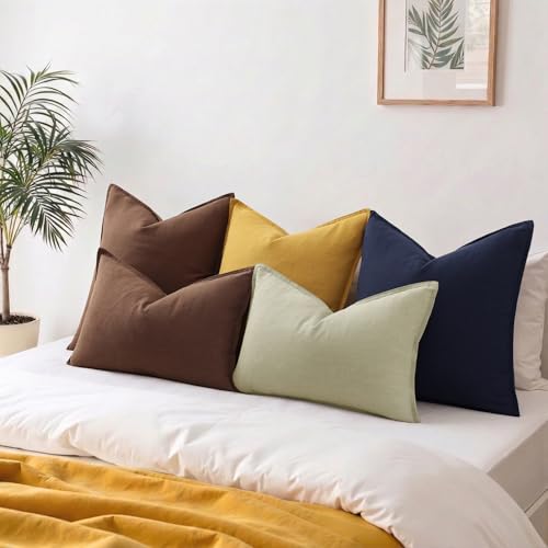 Image of decorUhome Fall Decorative Linen Throw Pillow Covers 12x20 Inch Set of 2 Chocolate Lumbar Pillow Covers with Flange Edges Soft Farmhouse Boho Accent Pillow Cases for Couch Bed Living Room