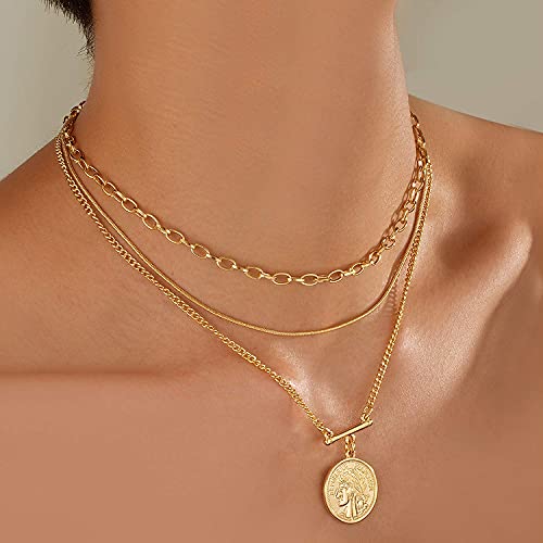 LANE WOODS Gold Layered Necklaces for Women Girls Dainty Layering Coin Lock Eye Snake Pendant Jewelry Gifts3