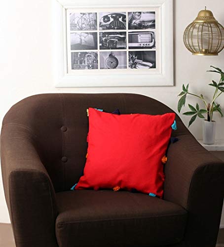 Lushomes Cushion Cover 20x20, Boho Cushion Covers, Sofa Pillow Cover, Cushion Covers with Tassels, Cushion Cover with pom pom (20x20 Inches, Set of 1,Red)