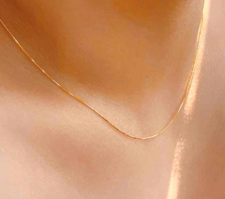 14K Real Yellow Gold Box Chain Necklace for Men & Women, Gold Jewelry (0.6mm, 1mm - Available in 16 to 30 Inch Lengths)3