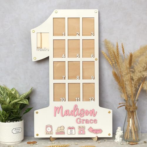 V-DECORPARKS Personalized My First Year Photo Display Wooden Number One Frame with 12 Monthly Baby Milestone Slots Custom Newborn Memory Board with Birth Stats and Name
