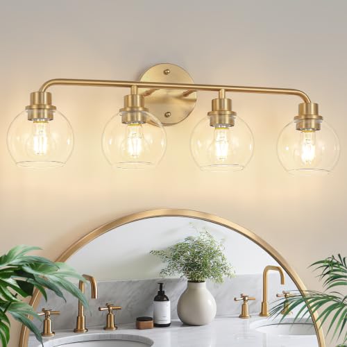 Image of Bathroom Light Fixtures Gold Vanity Light 4 Light Brushed Brass | Wall Sconces Lighting with Clear Globe Glass Shades Bath Wall Lamp for Mirror Kitchen Living Room Bedroom Hallway 27 Inch