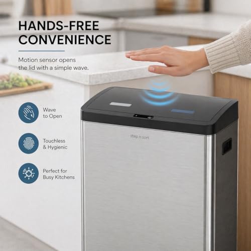 Image of Step N' Sort Motion Sensor Trash Can (60L) - Touchless Stainless Steel Kitchen Garbage & Recycling Bin with Dual Compartments, Soft-Close Lid & Fingerprint-Proof Finish