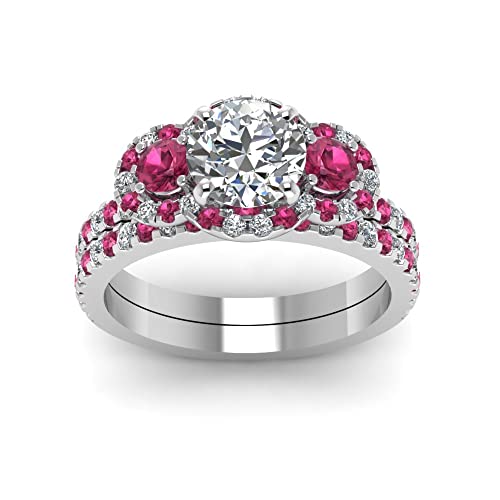 Image of Choose Your Gemstone Delicate 3 Stone Halo Wedding Set Sterling Silver Round Shape Wedding Ring Sets Ornaments Surprise for Wife Symbol of Love Clarity Comfortable US Size 4 to 12