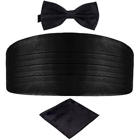 DonDon Men's triple pack with colour coordinated cummerbund bow tie breast pocket handkerchief perfect for special occassions - Black Cover