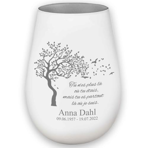 Photophore en Verre personnalisé - nom et Date funéraire - Lumière de deuil - présent funéraire - Blanc/Argent - Tu n'es Plus là où tu étais, mais tu ES Partout là où Je suis.