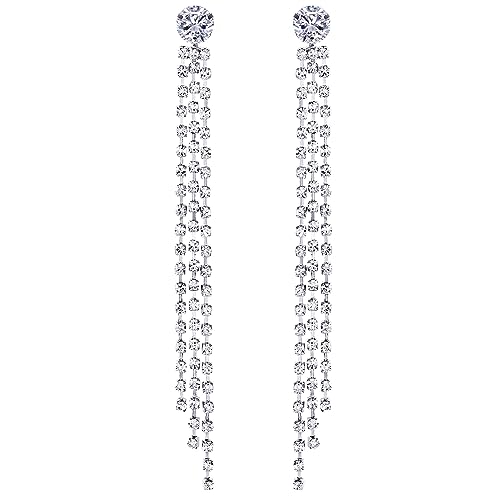 SELOVO Long 3 Chain Tassel Crystal Dangle Earring White Cubic Zirconia Bridal Jewelry