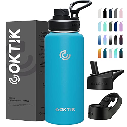 Coktik 40 Oz Sports Water Bottle With Straw,3 Lids, Stainless Steel Vacuum Insulated Water Bottles,Leakproof Lightweight, Keeps Cold And Hot, Great For Travel, Hiking, Biking, Running(Ocean) #TOP10