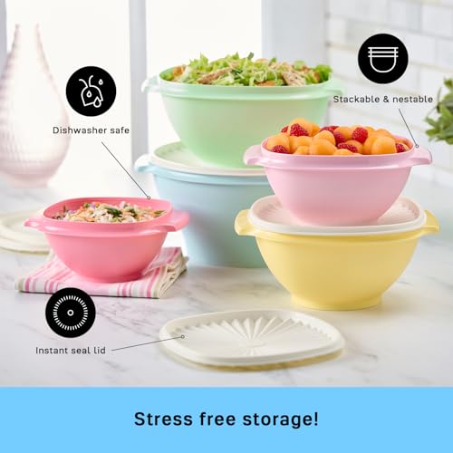 Image of Tupperware Heritage Collection, 10 Piece Food Storage Container Set in Vintage Colors, Dishwasher Safe and BPA Free (5 Bowls, 5 Lids)