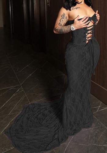 Sexy Strapless Lace Maxi Dress See Through Sleeveless Bodycon Tube Sheer Mermaid Dress Evening Party Gowns Dresses4