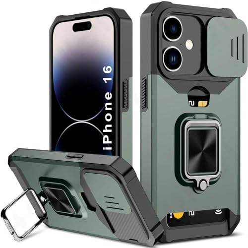 Image of LuxuryKase Shockproof Armor Case for iPhone 16 | Slide Camera Cover | Hidden Card Slot | Rotating Ring Kickstand | Magnetic Car Mount Support | Military Grade Protection - Green