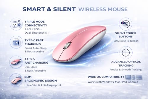 Image of Offbeat - Atom Dual Bluetooth 5.1+5.1 & 2.4Ghz Wireless, Type-C Rechargeable Silent Click Mouse, Triple Device connectivity Windows, Mac, iOS, Android(Rose Gold)