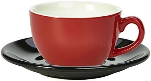 Royal Genware Red Cappuccino Cup and Black Saucer 8.8oz / 250ml - Set of 6 - Coffee Cup with Saucer
