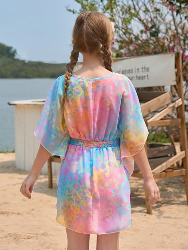 Image of Haloumoning Girls Chiffon Swim Beach Cover Up Kids Cute Elastic Waist Printed Bathing Suit Coverups 5-14 Years