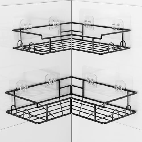 Diboniur Etagere Douche Angle Sans Percage avec 8 Crochets, 2 Pièces Etagere Salle de Bain en Acier Inoxydable pour Corps Shampoing (Noir)
