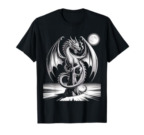 Epic Dragon Fantasy Art with Full Moon Gothic Style Camiseta