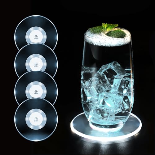 MEDOYOH 4er-Set Kühle Weiß LED Untersetzer für Getränke ON/Off Wasserdicht Rund Untersetzer Acryl für Gläser Flaschen Partys Hochzeiten Bar Weihnachten Pub