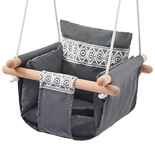 Image of Secure Baby Swing Seat with Safety Belt - Baby Canvas and Wooden Swing Chair with Lace Décor Cushion - Hanging Indoor Swing for Infants & Baby Swing Outdoor - Tree Toddler Swing for Backyard Outside