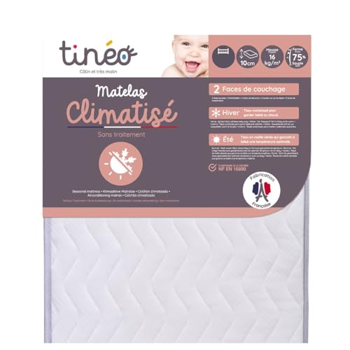 TINÉO - Matelas Climatisé 60x120x10cm - Matelas Bébé - Climatisé - 1 Face Été - 1 Face Hiver - Sans Traitement - Densité 16 kg/m3 - Fabriqué En France