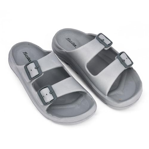 Image of Bata Men's Double Strap Slide Sandals, Grey, EVA Material, Adjustable Buckle, Textured Footbed, Casual Comfort, Open Toe