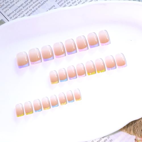 Image of Secret Lives Glossy Reusable Translucent Square Press-On Nails - Pink Blue Green Mauve & Yellow Ombre Color Tips 24-Pieces Artificial Nail Set with Kit | Easy to Use | Quick Fix