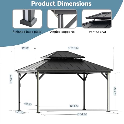 Big Leaf 12' x 14' Hardtop Gazebo with LED Strip Lights – Galvanized Steel Double Roof, USB and USB-C connectors, Mosquito Netting and Curtains – Outdoor Metal Gazebo for Decks and Backyards, Black - Image 3