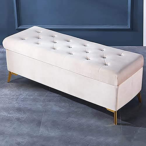 Lujoso banco de almacenamiento tapizado de terciopelo con botones de cristal, moderno extremo de cama, muebles elegantes para decoración de sala de estar en verde y crema, 60 x 42 x 45 cm y 80 x 42 x