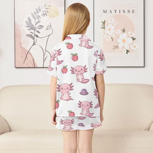 Satin Pajama Sets Short Sleeve Cute Axolotl and Apples Button Down Silky Nightwear 2 Piece PJS 5-14Y4