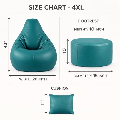 Image of 4XL Tear Drop Bean Bag with Footrest & Cushion | Premium Leatherette Bean Bag Cover | XXXXL Lounger Chair for Living Room | Without Beans | Upto 150 Kg (Teal, XXXXL)