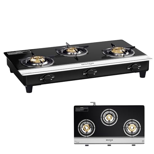 Image of Milton Manual Ignition 3 Burners Gas Stove | 6mm Toughened Glass Top | ISI Certified | | 360 Sabaf Valve | Modern Premium Design | 1 Year Manufacturer's Warranty -Black