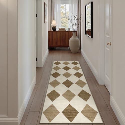 2x6 Runner Checkered Rug for Hallways Brown Washable Long Carpet Non-Slip Low Pile Boho Indoor Accent Throw Rug for Entrance Kitchen Bedroom Dining Laundry 2' x 6' (Runner) Checkered Coffee