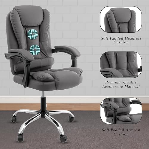 Image of Italia Premium Leatherette Office Chair for Work | Boss Chair, Ergonomic Executive, Luxurious Cushioned Arms & Seat, 2 Point Back Massager, Heavy Duty Metal Base (Grey)