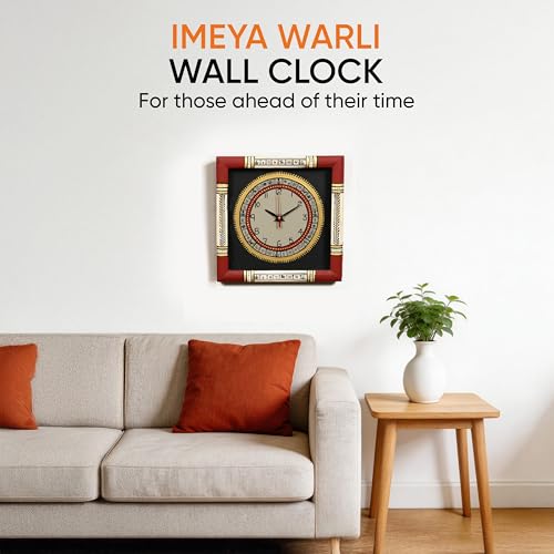 Image of AAKRITI ART CREATIONS Wall Clock Handcrafted Warli Art Dial with Glass Frame Black, Red | Wall Clock for Home, Home Decoration | Lightweight Wooden wall Decor | Matte Finish