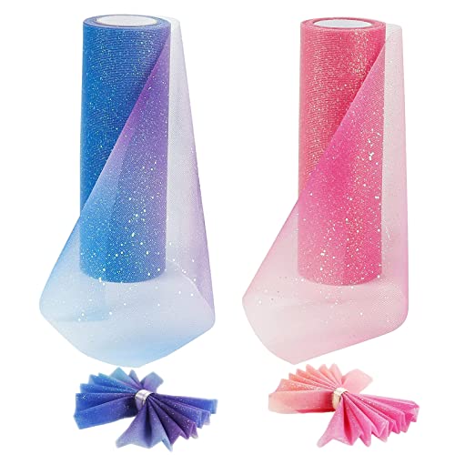 Limmion 2 Rollen Tüllrolle mit Farbverlauf Glitter Tüll Stoff Rollen Regenbogen Tutu Tüllband Tüll Rollenspule Regenbogentüllrollen für DIY Basteln Hochzeit Bankett Party Geschenke Verpackung Deko Cover