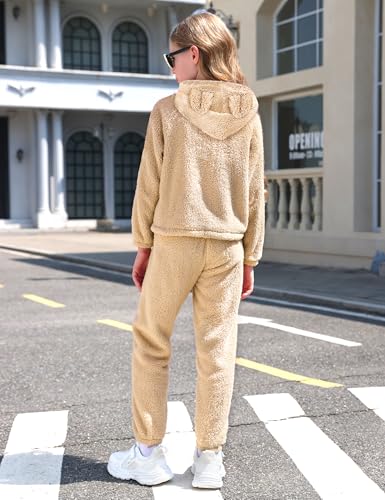 Image of Shallmu Girls Fuzzy Bear Ear Plaid Hoodie Pullover Sweatshirt with Pocket Sweatpants Fall Winter 2 Piece Outfits