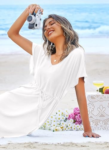 Image of Ekouaer Womens Swimsuit Coverup Short Sleeve Beach Cover Up Dress V Neck Bikini Beachwear