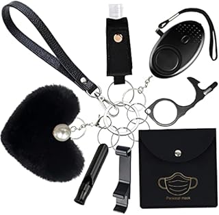 ASOONYUM Leather Keychain Set for Women and Girls Protection with Personal Safety Alarm with Flashlight, Wristlet Keychain, Bottle Opener, Pom Pom, Hand Sanitizer Holder, Mask Case Black