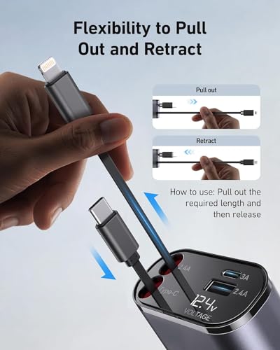 Image of Weldots Retractable Car Charger 120W, 4 In 1 Fast Car Phone Charger, Retractable Cables, 2 Usb Ports, Compatible With iPhone 15 /14 /13 /12 /11, Type C + Lightening, Black