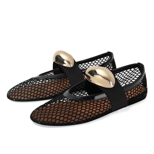 Image of MICIFA Women's Mesh Ballet Flats Fishnet Ballerina Flats Buckle Strap Mary Jane Causal Daily Dress Shoes