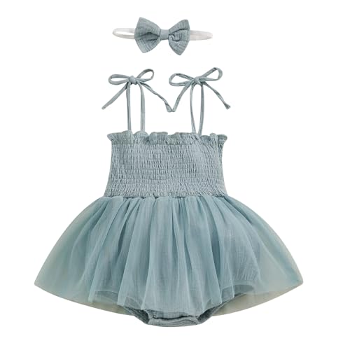 Ursobutegl Newborn Baby Girl Romper Dress Sleeveless Pleated Halter Spaghetti Straps Tulle Bodysuit 1Pcs Summer Clothes(Blue-cotton linen dress,12-18 Months)