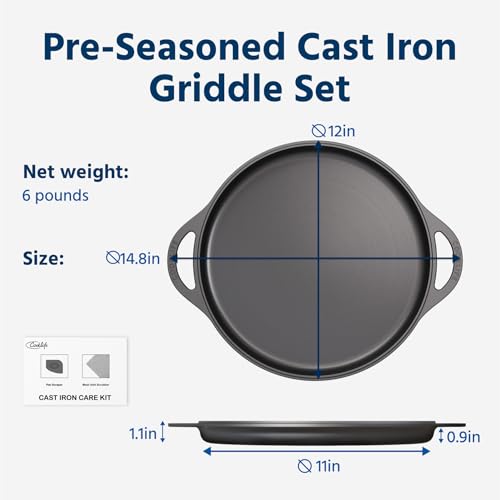 COOKLIFE 12 Inch Lightweight Pre-Seasoned Cast Iron Griddle with Cleaning Kit - Smooth Polished Surface, Easy to Clean Cast Iron skillets Use in the Oven, on the Stove or Grill, Over a Campfire