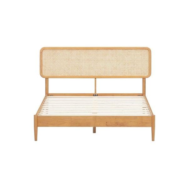 Image of NTC Lupin Wooden Bed Frame with Headboard and Natural Rattan, Solid Oak /Rubber Wood Foundation with Silent Slats, 1000 Lb Capacity, Effortless Assembly (Natural Cane - Rustic Oak, Queen)