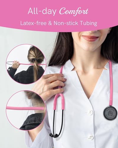 Image of FriCARE Dual Head Stethoscope - Stethoscopes for Nurses, Medical Nursing Students, Paramedics /EMT /LVN /VNA Backup Estetoscopio, Bright Pink Tube, Matte Black Finish Chestpiece