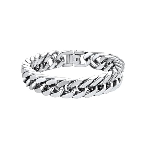 ChainsHouse Stainless Steel Cuban Link Bracelet, 8mm/12mm/17mm Width, 7.5"/8.3"/9", 18K Gold Plated Chain Wrist Bracelets for Men Women, Send Gift Box B: Steel-12mm width 7.5 Inches