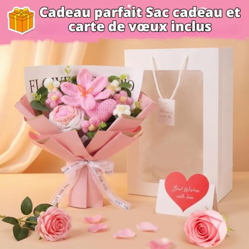 Tenn Well Bouquet de Fleurs au Crochet, Cœur Rosa Tulipe Rose Fleurs – vue 3