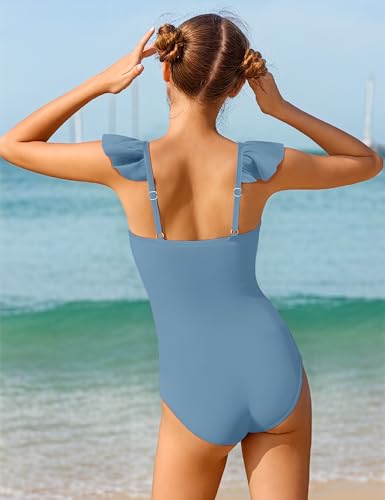 Image of NECIOUS Girls Swimsuit Ruffle Adjustable Straps One Piece Bathing Suit Solid Color Ruched Girls' Swimwear 9-16Y